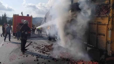 Tarsus'ta domates yüklü kamyon yandı