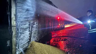 Mersin'de buğday yüklü tır yangını