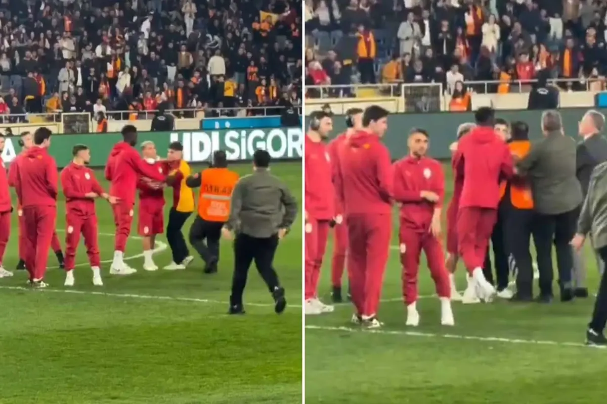 Maç öncesi olay: Sahaya giren bir taraftar, Galatasaraylı futbolcuların arasına daldı